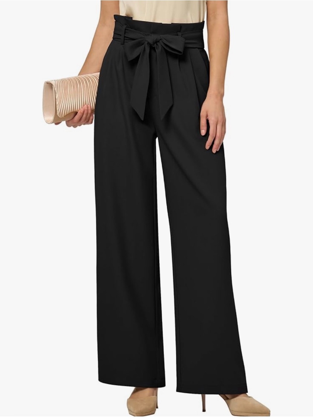 Willit Paperbag Waist Wide-Leg Pants in Black
